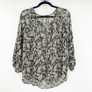 Zara Basic Paisley Blouse Women's Size M Black Green Tie Neck Chiffon Career
